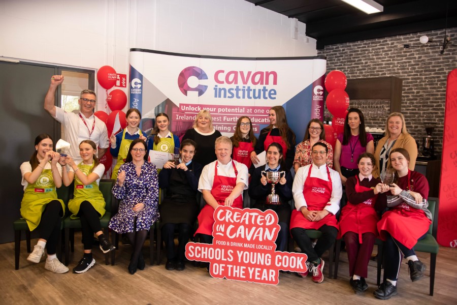 Pictured at the Created In Cavan Regional Young Cook of the Year in Cavan Institute. Front row l-r Saidhbhe Elmes and Chloe Cromwel, Sacred Heart, Drogheda; Judge Carmel Biggane, Supervalu Food Academy; Amaya Labrador and Marta Alcaide Ruiz, Inver College, competition winners; Judge Norbert Neylon, Oak Room Restaurant; Judge Montxo Herrera, Killua Castle; Jenna Smith and Niamh Boyle Drought, Loreto College. (Back row, left to right) Pauric White, Cavan Institute; Niamh O'Leary and Lara Fanning, Mercy College; Cllr Carmel Brady, Leas Chathaoirleach, Cavan County Council; Muireann Daly and Sarah Reynolds, St. Aidan's Comprehensive; Michelle Marron, Cavan Institute and Siobhan Shiels, Food Strategy Co-ordinator, Cavan County Council. PHOTO: Sheila Rooney