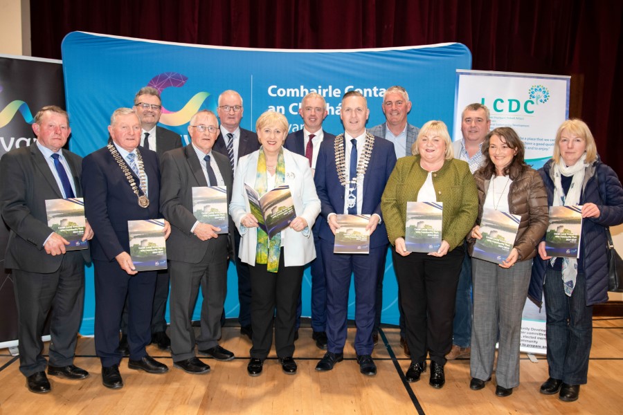 Pictured launching Cavan’s Local Economic and Community Plan 2024 – 2029 in Tullyvin on Thursday evening are (front, left to right) Cllr Winston Bennett, Cllr Clifford Kelly, Jim Maguire, Local Community Development Committee (LCDC) Chair; Minister Heather Humphreys TD; Cathaoirleach of Cavan County Council, Cllr Philip Brady; Cllr Carmel Brady; Connie Whelan, LCDC member; Beth McEntee, LCDC member. (back, left to right) Eoin Doyle, Chief Executive of Cavan County Council; Cllr Peter McVitty; Brendan Jennings, Director of Service, Community, Enterprise and Tourism, Cavan County Council; Cllr Aiden Fitzpatrick; Cllr TP O’Reilly. PHOTO: Sheila Rooney.