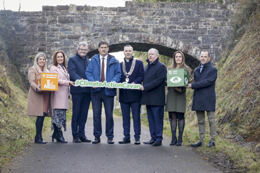 Pictured at the launch Community Climate Action Programme at the Urban Greenway in Cavan Town are: Eamon Ryan, Minister for the Environment, Climate and Communications; Councillor Philip Brady, Cathaoirleach Cavan County Council; Eoin Doyle, Chief Executive Cavan County Council; Paddy Connaughton, Director of Services Cavan County Council; Colm O’Callaghan, Senior Engineer Cavan County Council; Bróna Keating, Climate Action Coordinator Cavan County Council; Tara Smith, Community Climate Action Officer Cavan County Council; Helen Smith, Climate Action Officer Cavan County Council