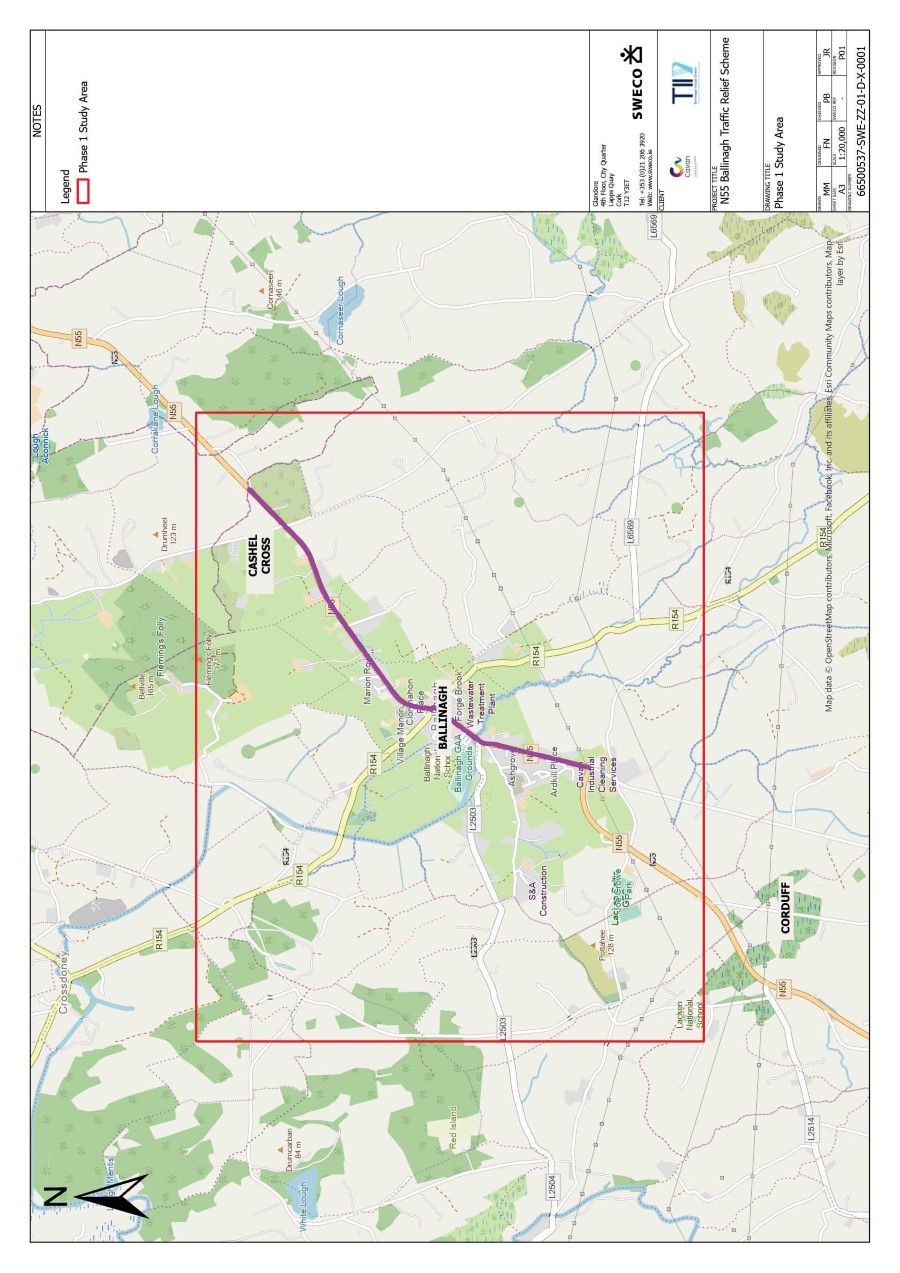 A map of the Scheme Study Area, showing the extent of the Phase 1 study area and surrounding roads and landmarks. A map of the Scheme Study Area, showing the extent of the Phase 1 study area and surrounding roads and landmarks.