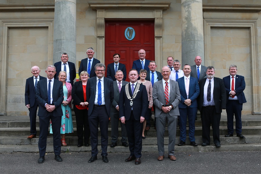 Cathaoirleach of Cavan County Council for 2022-'23, Cllr John Paul Feeley, pictured with his fellow elected members, Chief Executive Tommy Ryan, and members of the senior management team.