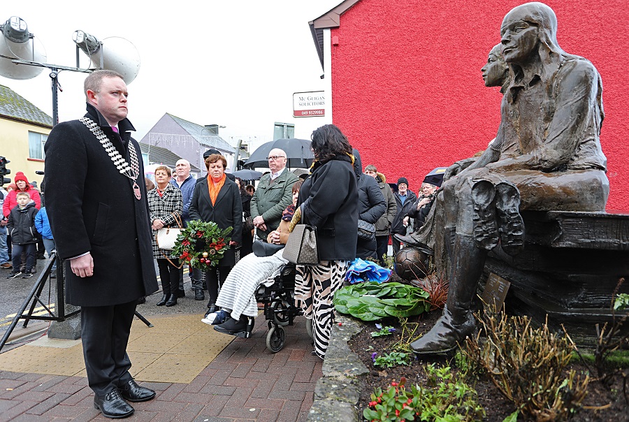 Cathaoirleach of Cavan County Council, Cllr John Paul Feeley holds a minute's silence after he laid a wreath at the memorial for Geraldine O'Reilly & Patrick Stanley who were killed in the 1972 bombing in the town.  Photo: Lorraine Teevan