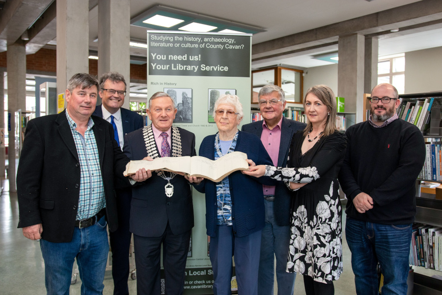 Gretta Donohoe, daughter of the late John Reilly, presented Cavan County Library with historic records from the Dáil Courts of Drumlane Parish 1921-1922. Pictured (Front row l-r) Niall O'Reilly, grandson of Mr Reilly; Eoin Doyle, Director of Services, Cavan County Council; Cathaoirleach of Cavan County Council, Cllr Clifford Kelly; Gretta (Margaret) Donohoe; Dermot McMonagle, local historian; Emma Clancy, County Librarian; and Brendan Scott, Historian in Residence, Cavan County Council. PHOTO: Sheila Rooney.