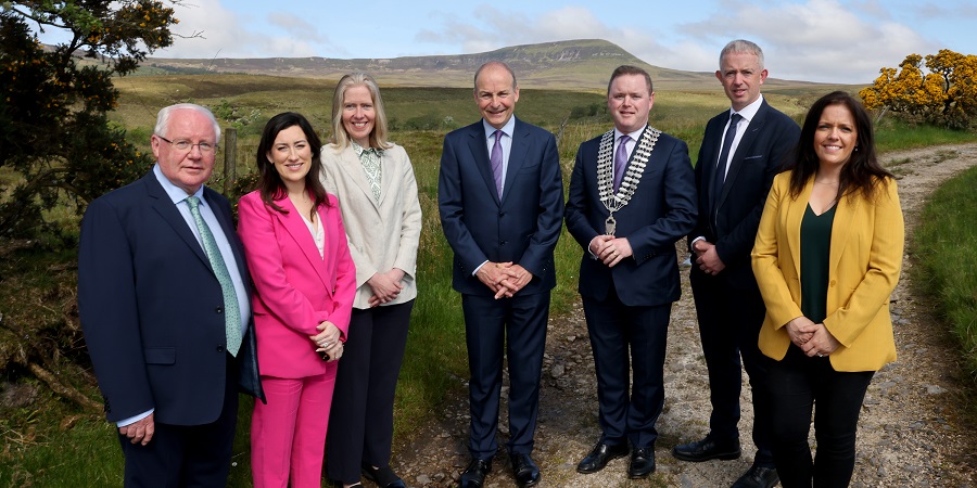 Pictured at Tullydermot Falls County Cavan, against the backdrop of Cuilcagh Mountain, where An Tánaiste Micheál Martin TD announced an agreement by the National Parks and Wildlife Service to purchase almost 1000 hectares of upland habitat in County Cavan in Cuilcagh Lakelands UNESCO Global Geopark, the world’s first cross-border Geopark, are (left to right): Brendan Smith, TD; Cllr Áine Smith TD; Alison McCullagh, Chief Executive, Fermanagh and Omagh District Council; Tánaiste Micheál Martin, TD; Cllr John Paul Feeley, Cathaoirleach, Cavan County Council; Brendan Jennings, Acting Chief Executive, Cavan County Council; Gráinne O’Connor, Manager, Cuilcagh Lakelands UNESCO Global Geopark. PHOTO: Adrian Donohoe. 