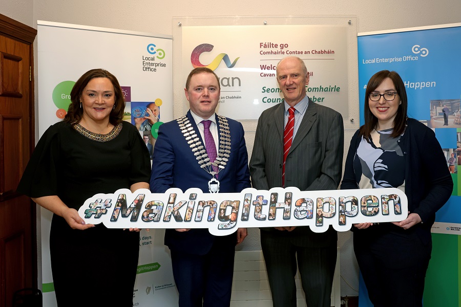 Business Advisor Gillian Madden, Cathaoirleach, Cllr John Paul Feeley, Chief Executive Tommy Ryan and Business Advisor Tara Humphreys launch the Enterprise Week 2023 Programme of Events. PHOTO: Adrian Donohoe