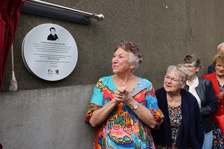 Jackie McKiernan with the memorial plaque to her late husband, Senator Jim McKiernan, at Owen Roe Terrace, Cavan