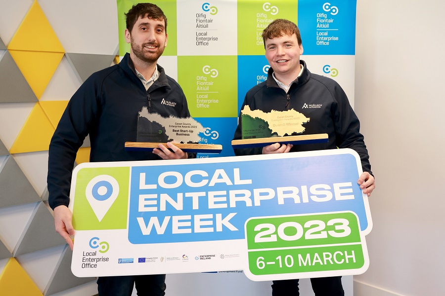 Kealan O’Connell and Evan Rourke, Nuálach Automations Ltd, winners of Best Start-Up and overall winner of the 2023 County Cavan Enterprise Awards.
