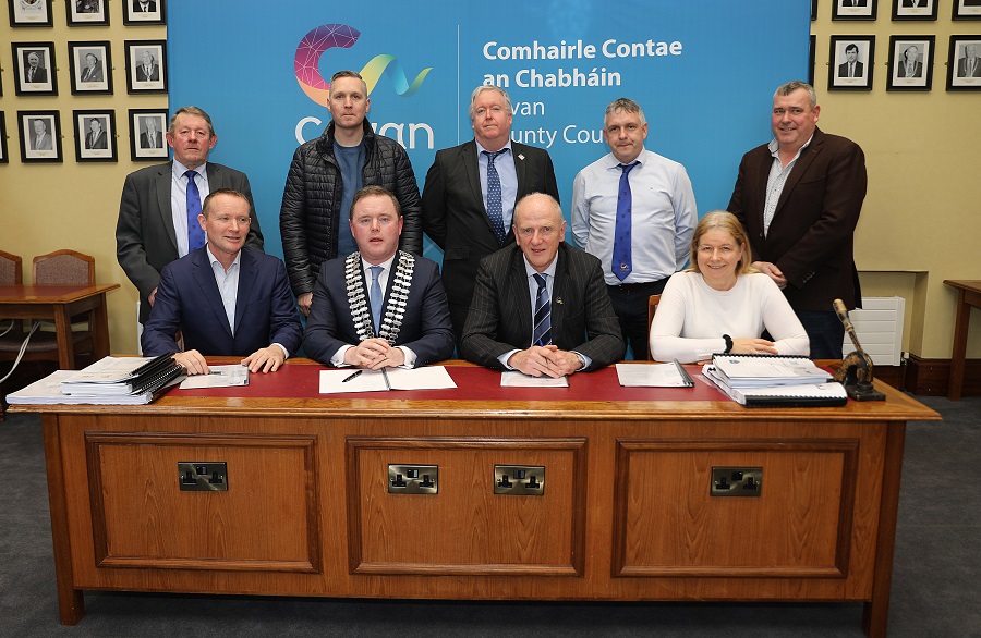 Pictured are (front from left) Andrew Whelan, MD Clare Civil Engineering; Cathaoirleach of Cavan County Council, Cllr John Paul Feeley; Tommy Ryan, Chief Executive, Cavan County Council; and Jacqueline Maloney, George V Maloney & Co Solicitors. (Back from left) Cllr Winston Bennett; Cllr Philip Brady; Paddy Connaughton, Director of Services, Cavan County Council; Cllr Trevor Smith; and Cllr TP O'Reilly.  PHOTO: Lorraine Teevan