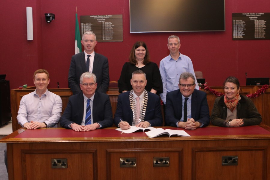 Caption: Pictured at the signing of contracts for the delivery of the SICAP programme 2024-28 are (back row, left to right) Brendan Jennings, Director of Service, Cavan County Council; Deirdre Donnelly, Age Friendly Programme Manager, Cavan County Council; John Donohoe, Senior Executive Officer, Community, Enterprise, and Tourism, Cavan County Council (front row) Terry Hyland, Chief Executive Officer, Cavan County Local Development; Brian McDermott, Chair, Cavan County Local Development; Cllr Philip Brady, Cathaoirleach of Cavan County Council; Eoin Doyle, Chief Executive, Cavan County Council; Connie Whelan, Vice-Chair, Cavan Local Community Development Committee (LCDC).