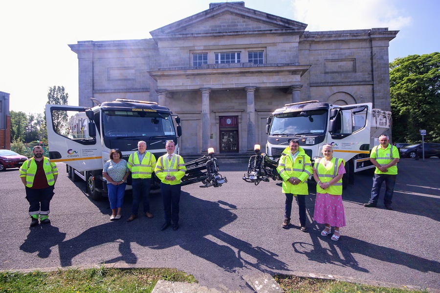 Pictured with Cavan County Council’s two new Roadmaster high velocity road patchers are (from left) Joe Curran, Driver; Cllr Patricia Walsh; Paddy Connaughton, Director of Service; Cathaoirleach of Cavan County Council, Cllr John Paul Feeley; Raymond Warrington, Executive Engineer, Machinery Yard; Cllr Sarah O’Reilly; and John Francis Halton, Driver. PHOTO: Vera Farrelly.