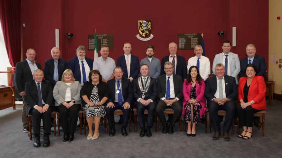 Cathaoirleach of Cavan County Council, 2025-2026, Councillor John Paul Feeley pictured with his fellow councillors and Chief Executive Eoin Doyle Full-Council-2025