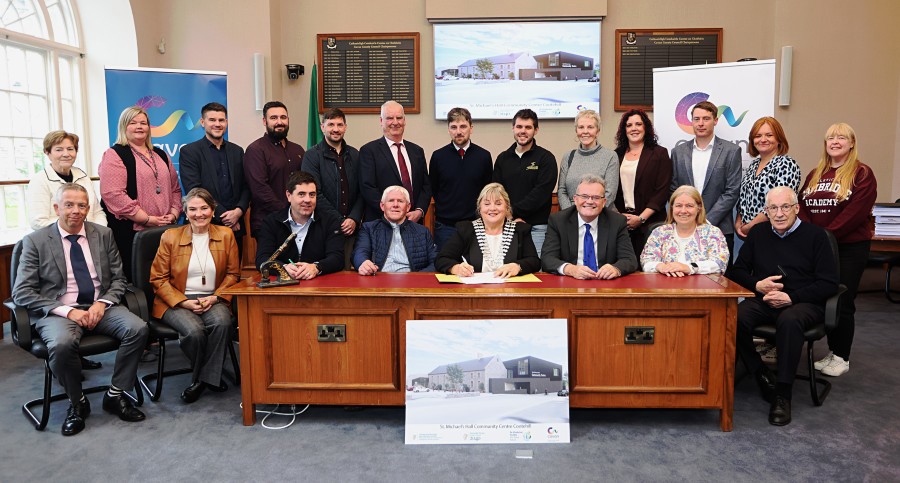 Caption: Pictured at the signing of the construction contract for the redevelopment of St Michael's Community Centre, Cootehill are, front from left John Donohoe, SEO, Cavan County Council;&nbsp; Connie Whelan, Chairperson St Michael’s Hall Redevelopment Committee (SMHRC); Ronan Fitzpatrick, Craft Studio Architects; Jim McGaughran, Crosserlough Construction; Cllr Carmel Brady, Cathaoirleach of Cavan County Council; Eoin Doyle, Chief Executive, Cavan County Council; Jacqueline Maloney, GV Maloney and Co, Law Agent of Cavan County Council; Sean Shields, Vice Chair, SMHRC. Back from left Phyllis Boylan, GV Maloney and Co; Siobhan Mulligan, Cavan County Council; Keith Smith, SMHRC; Cathal Dolan, Craft Studio; Martin Quigley, Cavan County Council; Cllr Niall Smith, Cllr Stiofán Conaty; Niall McGaughran, Crosserlough Construction; Marie Revill, SMHRC; Lisa Pepper, SMHRC; Brendan McGourty, Cavan County Council; Sarah McCauley, Secretary SMHRC; and Gemma Kettle, SMHRC.&nbsp; Photo: Lorraine Teevan