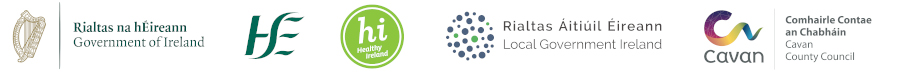 image of, from left, the Government of Ireland logo, the HSE logo, the Health Ireland logo, the Local Government Ireland logo, and the Cavan County Council logo