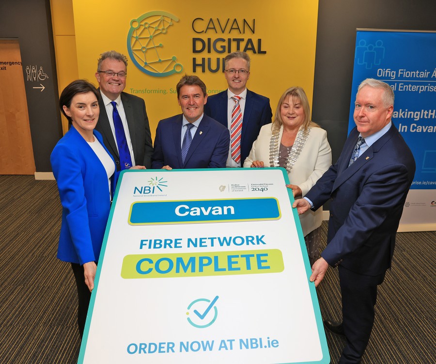 Pictured at Cavan Digital Hub on Friday morning at an event marking the completion of the National Broadband Plan (NBP)’s main infrastructure build works in County Cavan are, from left: Caroline Brady, Town Regeneration Officer, Cavan County Council; Eoin Doyle, Chief Executive, Cavan County Council; Clive Ryan, Director of the Digital Connectivity Office, Department of Culture, Communications and Sport; Niall Beirne, Head of Corporate & Internal Communications at National Broadband Ireland; Cllr Carmel Brady, Cathaoirleach of Cavan County Council; Paddy Connaughton, Director of Service, Cavan County Council. As result of this work, 17,000 premises across Cavan can now access the high-speed fibre broadband they need to work, learn, do business and stay connected. The event took place as part of Cavan Eco Féile, Cavan's inaugural sustainability and innovation festival. PHOTO CREDIT: Adrian Donohoe.